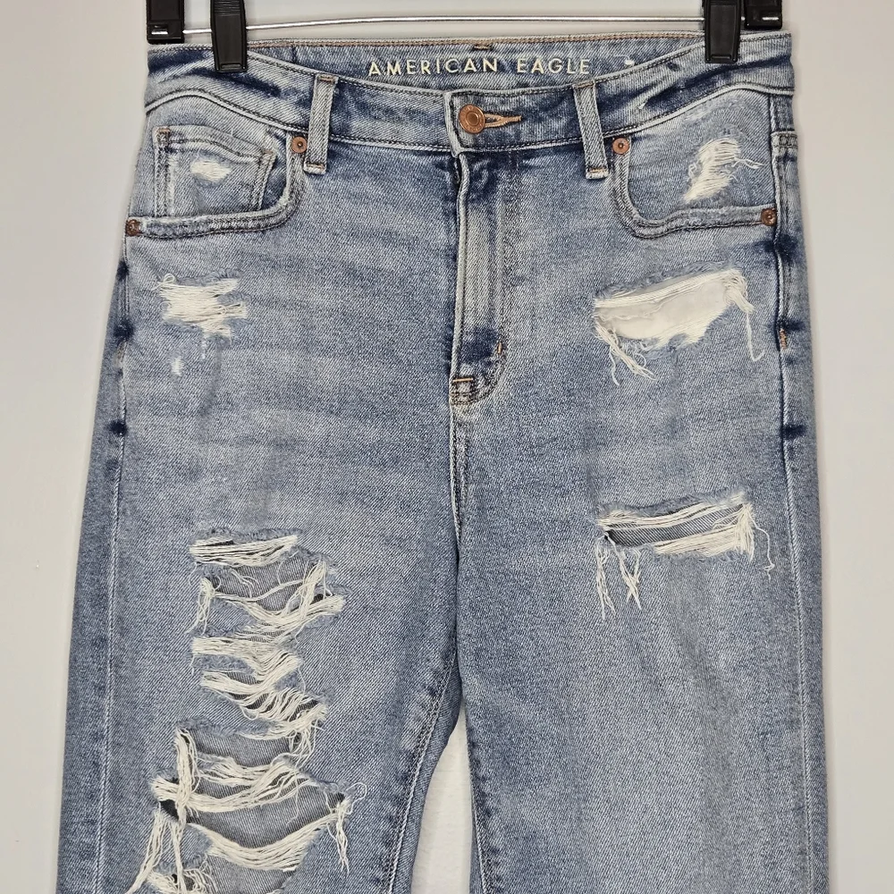 American Eagle‎ Mom Jean Distressed Long Tall womens size 2 ripped Stretch Loose